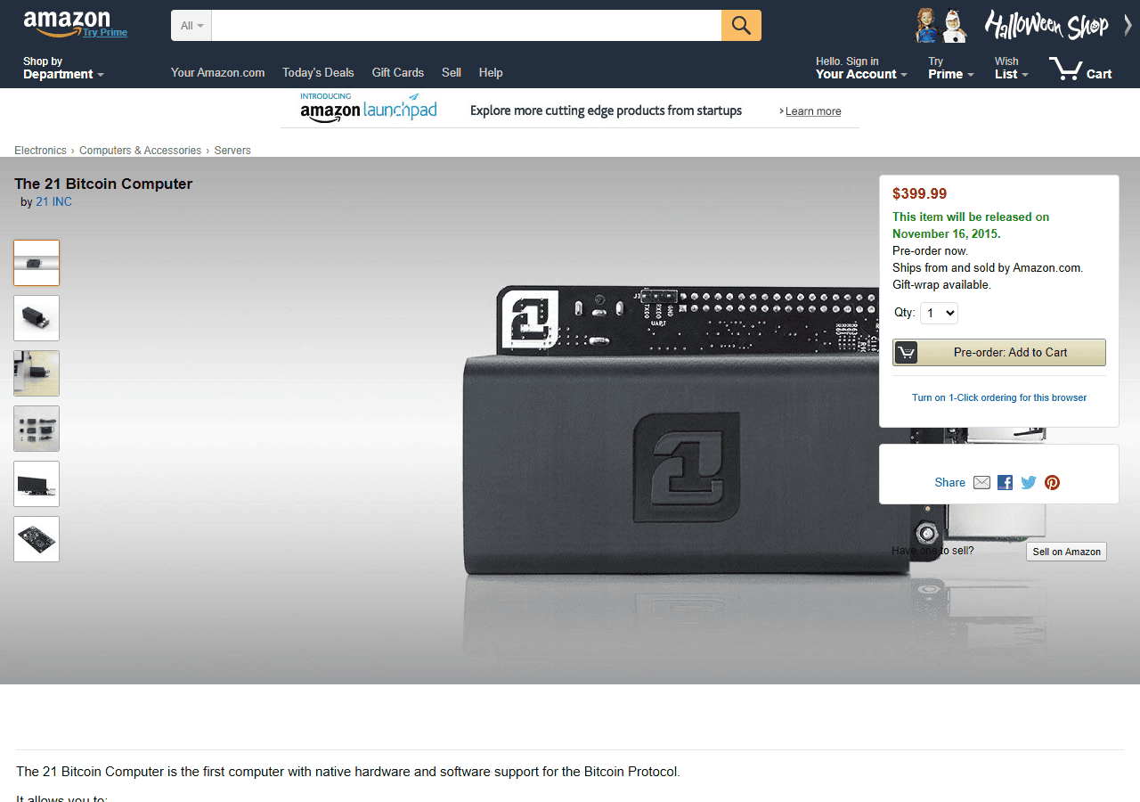 หน้าขาย 21 Bitcoin Computer บน Amazon ราคา 399.99 ดอลลาร์ ส่งของ 16 พฤศจิกายน 2015