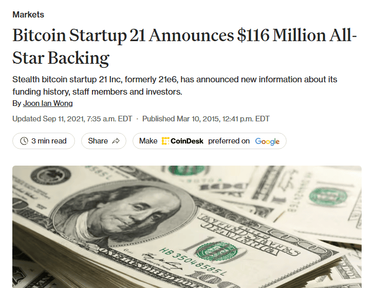 ข่าว CoinDesk 10 มีนาคม 2015 21 ประกาศเงินทุน 116 ล้านดอลลาร์จากนักลงทุนชื่อดัง
