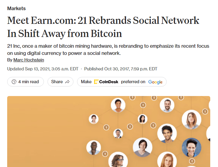 ข่าว CoinDesk 30 ตุลาคม 2017 21 เปลี่ยนชื่อเป็น Earn.com และหันออกจาก Bitcoin