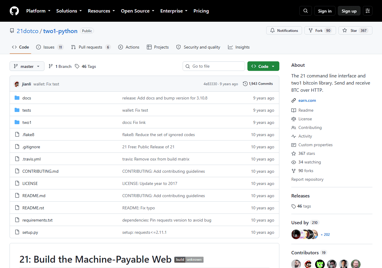 repository two1-python ของ 21 บน GitHub หัวข้อ 21: Build the Machine-Payable Web