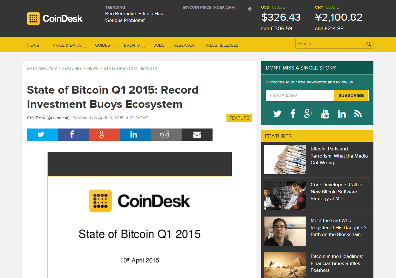 รายงาน CoinDesk State of Bitcoin Q1 2015 เงินร่วมลงทุนในสตาร์ทอัพ Bitcoin เป็นสถิติ