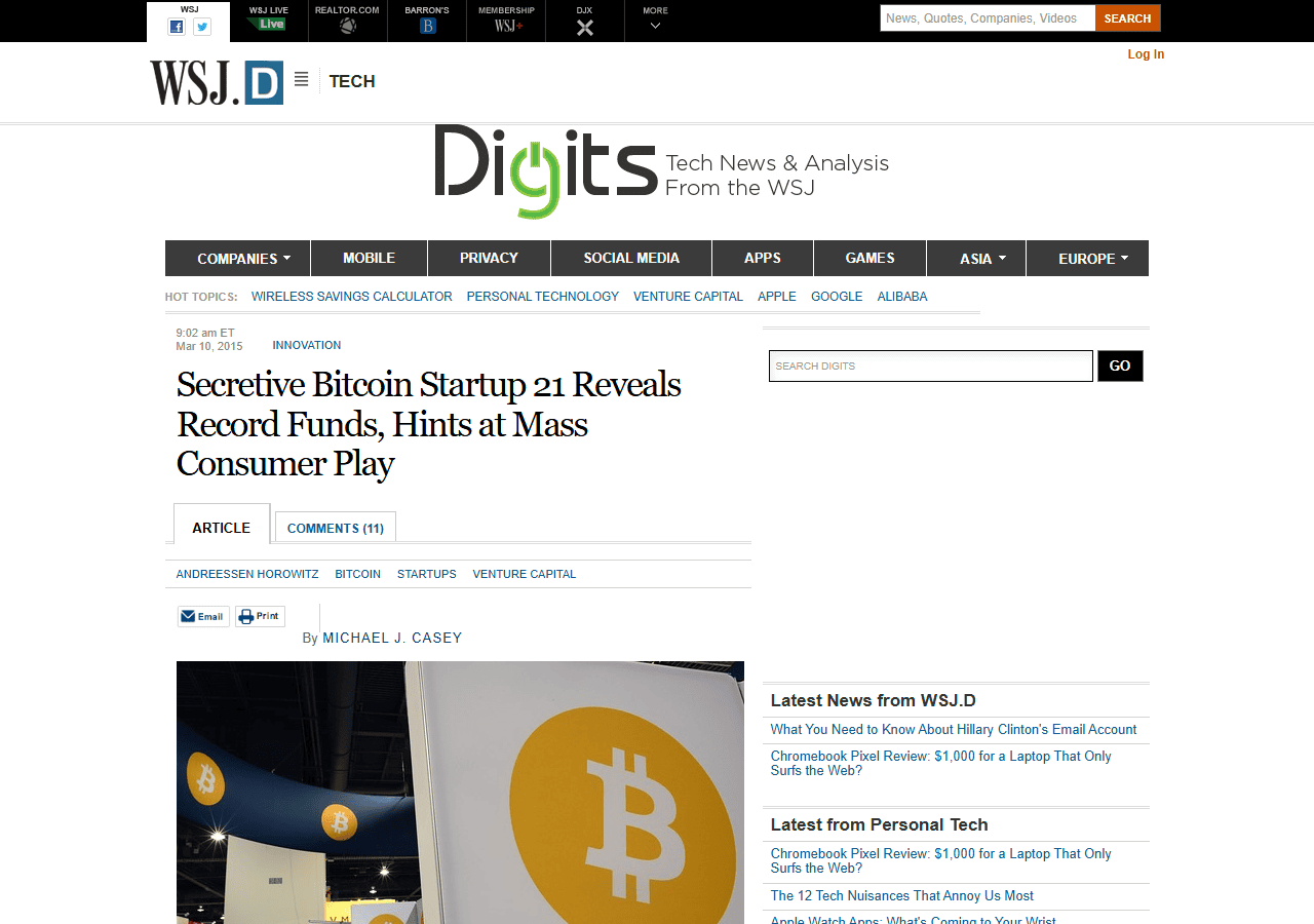 ข่าว WSJ Digits 10 มีนาคม 2015 สตาร์ทอัพ Bitcoin ลับชื่อ 21 เปิดเผยเงินทุนเป็นสถิติ