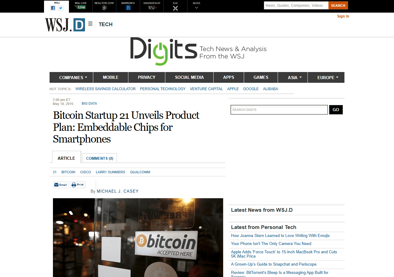 ข่าว WSJ Digits 18 พฤษภาคม 2015 21 เปิดแผนชิปขุด Bitcoin ฝังในสมาร์ตโฟน