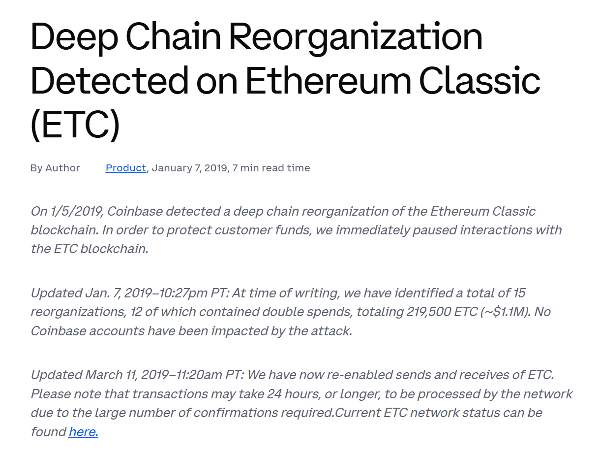 รายงานของ Coinbase เรื่องตรวจพบ Deep Chain Reorganization บนเครือข่าย Ethereum Classic เดือนมกราคม 2019