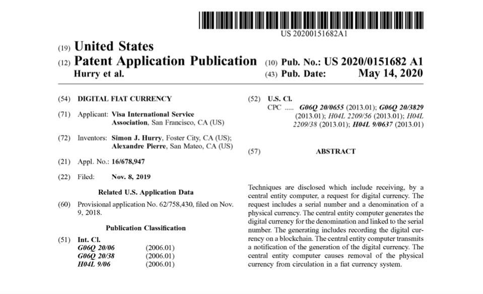 ใบสมัคร USPTO การเผยแพร่สกุลเงิน Fiat ดิจิตอลด้วยวีซ่า 