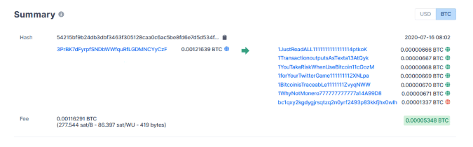 พบข้อความลับที่ซ่อนอยู่ในธุรกรรมที่ส่งไปยังที่อยู่  Bitcoin ที่แฮ็กบัญชี Twitter หลายแห่ง