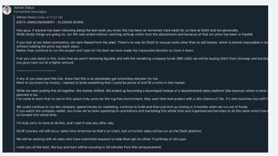 Exit scam?? ผู้ก่อตั้ง "DistX"  โครงการ DeFi  ถอนตัว ราคาโทเค็นลดลงเหลือ 0