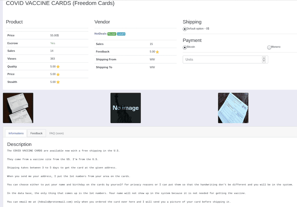 ใบรับรองวัคซีน COVID-19 ปลอม รวมถึงวัคซีนที่ถูกขโมย มีวางขายบน Darkweb และรับชำระเป็น BTC และ ETH