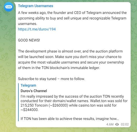 Telegram เผยว่า ตลาดสำหรับประมูลชื่อผู้ใช้งานบน TON Blockchain พร้อมจะเปิดตัวแล้ว
