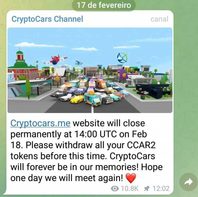 โครงการ Cryptocars ประกาศปิดตัว 3 ทุ่มคืนนี้ ราคาเหรียญติดลบกว่า 20%