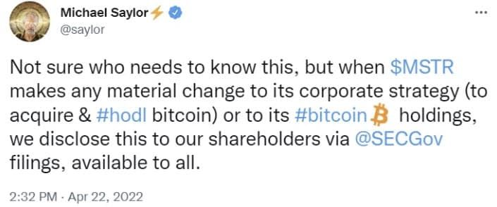 CEO ของ Microstrategy ชี้ว่า การขาย Bitcoin ใด ๆ จะต้องเปิดเผยต่อ SEC และผู้ถือหุ้น