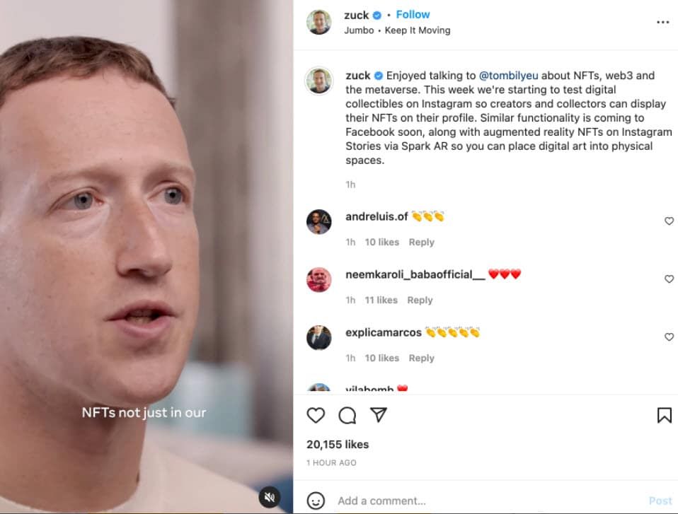 Mark Zuckerberg เผยว่า จะเริ่มทดสอบของสะสมดิจิทัลบน Instagram ในสัปดาห์นี้