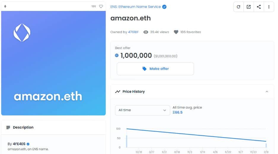 เจ้าของโดเมน ENS "Amazon .eth" ไม่สนใจข้อเสนอซื้อ 1 ล้าน USDC บน Opensea