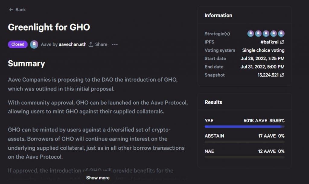 Aave DAO โหวตอนุมัติการสร้าง GHO Stablecoin