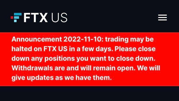 FTX US ประกาศว่าอาจหยุดการซื้อขายบนแพลตฟอร์มในอีกไม่กี่วันข้างหน้า