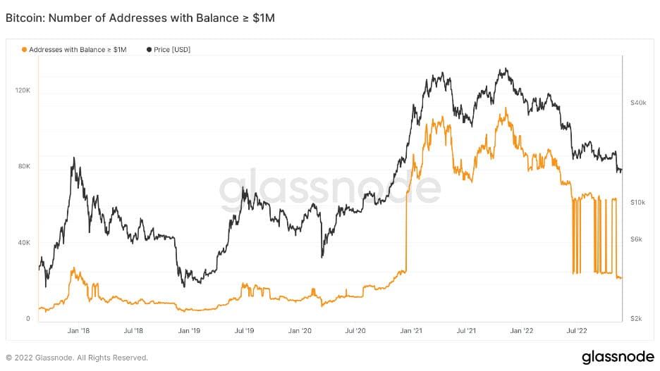 กระเป๋าเงินที่มี BTC มูลค่า 1 ล้านดอลลาร์ขึ้นไป ลดลง 80% เหลือเพียง 23,000 ใบ ในหนึ่งปี