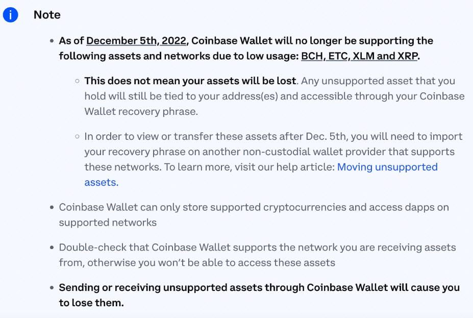 Coinbase Wallet จะหยุดรองรับ BCH, ETC, XLM และ XRP โดยอ้างว่าแทบไม่มีการใช้งาน