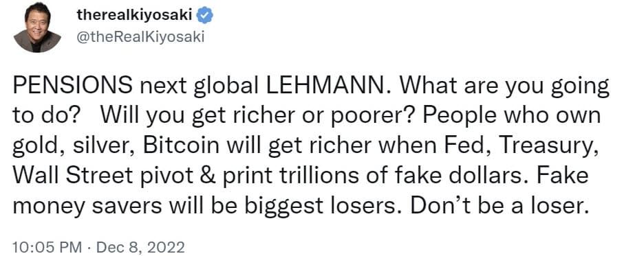 Robert Kiyosaki ทำนายว่า นักลงทุน Bitcoin จะรวยขึ้น ส่วนคนที่ออมเงิน Fiat จะเป็นผู้สูญเสียที่ใหญ่ที่สุด