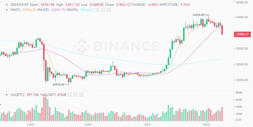 ราคา Bitcoin ร่วงแตะ $21,800 ลดลงเกือบ 5%