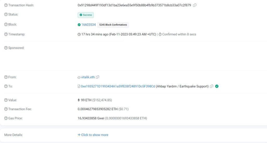 Vitalik Buterin บริจาคเงิน 99 Ether เพื่อช่วยเหลือผู้ประสบภัยที่เกิดขึ้นในตุรกีและซีเรีย