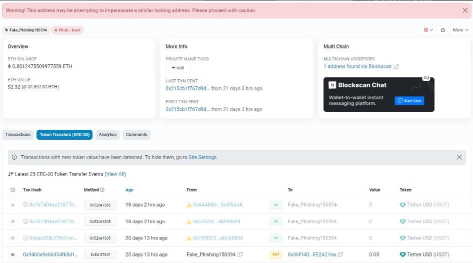 Etherscan ปิดการแสดง "การโอนโทเค็นที่มูลค่าเป็นศูนย์บนเว็บไซต์" เพื่อยับยั้งการหลอกลวงผู้ใช้