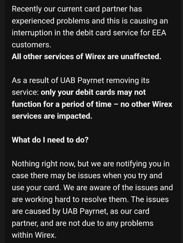 Wirex บัตรเดบิตคริปโต อาจหยุดให้บริการในเขตเศรษฐกิจยุโรป เนื่องจากปัญหาใบอนุญาต
