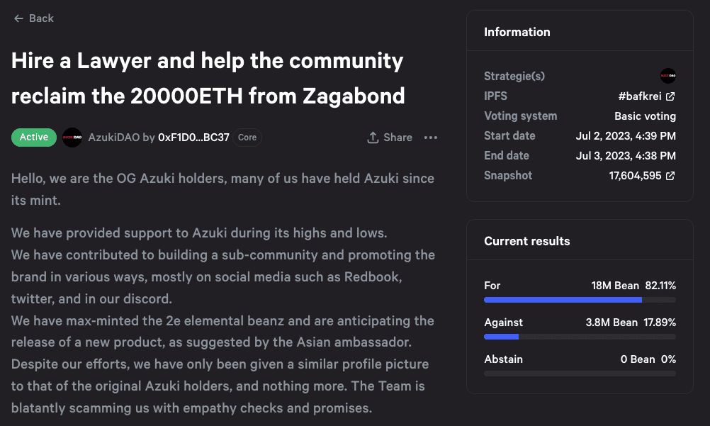AzukiDAO เสนอให้กู้คืน 20,000 ETH จากผู้ก่อตั้ง Azuki 'Zagabond'