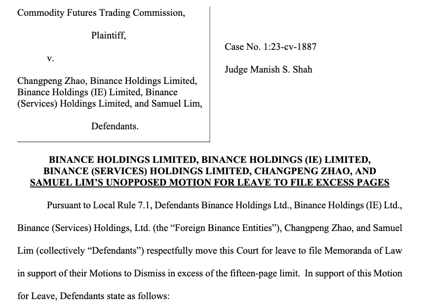 ซีอีโอ Binance ยื่นขอให้ยกเลิกการฟ้องของ CFTC ในเดือนมีนาคม