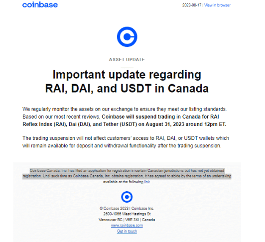 Coinbase ประกาศระงับการซื้อขาย USDT สำหรับผู้ใช้ในแคนาดา เริ่มเดือนกันยายน