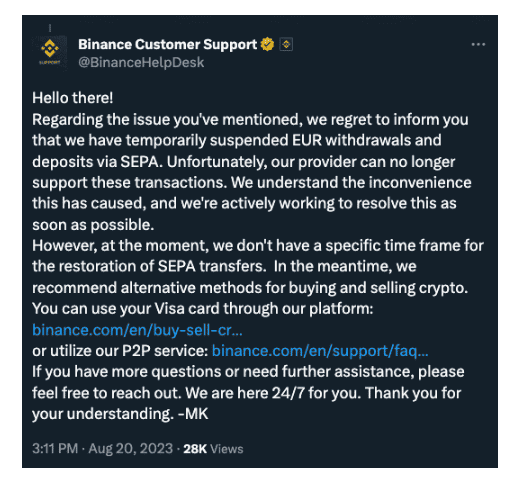 ลูกค้า Binance ในยุโรปบางรายเผยว่า ไม่สามารถถอนเงิน fiat ได้ เนื่องจากปัญหาที่เกี่ยวข้องกับการโอนผ่าน SEPA