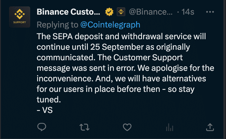 ลูกค้า Binance ในยุโรปบางรายเผยว่า ไม่สามารถถอนเงิน fiat ได้ เนื่องจากปัญหาที่เกี่ยวข้องกับการโอนผ่าน SEPA