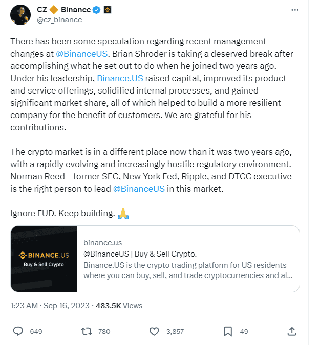 CZ กล่าวว่า CEO ของ Binance US ลาออก เนื่องจากจำเป็นต้องหยุดพัก และให้คนที่เหมาะกับสภาพตลาดตอนนี้ขึ้นแทน