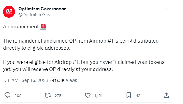 Optimism ใจดี!! โอน Airdrop ที่ยังไม่มีคนมารับในรอบแรก เข้ากระเป๋าคนที่มีสิทธิ์รับให้เลย