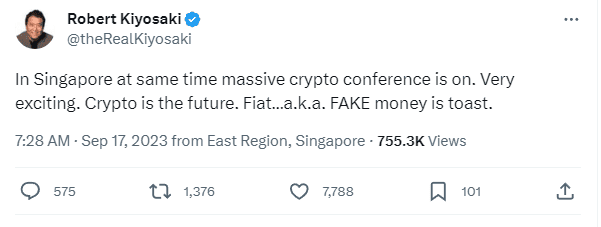 ผู้เขียน “พ่อรวยสอนลูก” คาดการณ์ว่า Crypto คืออนาคต หลังเข้าร่วมงาน TOKEN2049 ที่สิงคโปร์