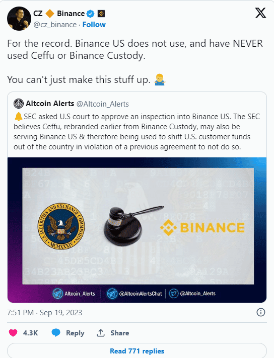 ซีอีโอ Binance โพสยืนยันว่า Binance US ไม่ได้ใช้และไม่เคยใช้ Ceffu หรือ Binance Custody