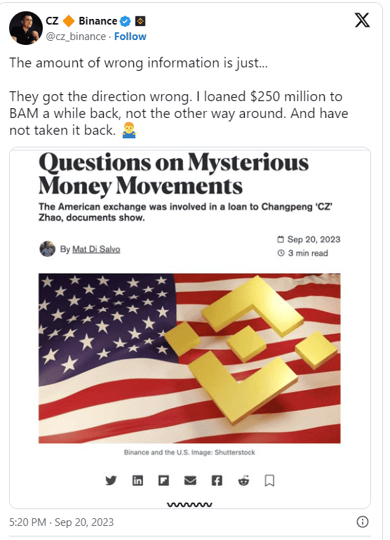 Binance CEO ปฏิเสธรายงานที่อ้างว่ามีการให้กู้ยืมเงิน 250 ล้านดอลลาร์แก่ BAM Management