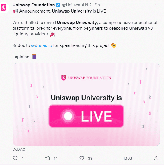 Uniswap เปิดตัว "Uniswap University" แพลตฟอร์มการศึกษาร่วมกับ DoDAO