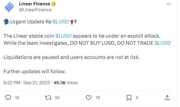 Linear Finance รายงานการถูกโจมตีสภาพคล่องของ Linear USD (LUSD) บน PancakeSwap และ Ascendex