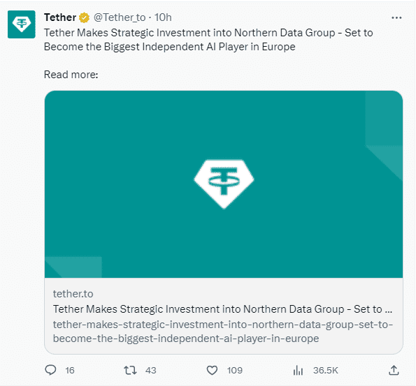 Tether เข้าซื้อหุ้นใน Northern Data เหมืองขุดคริปโตในเยอรมนี
