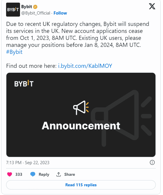 Bybit เตรียมระงับบริการในอังกฤษ วันที่ 1 ตุลาคม ตาม 'คำเตือนครั้งสุดท้าย' ของหน่วยงานกำกับดูแล