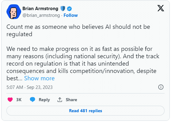 CEO ของ Coinbase เตือนเรื่อง "กฎระเบียบ AI" และเรียกร้องให้มีการกระจายอำนาจ