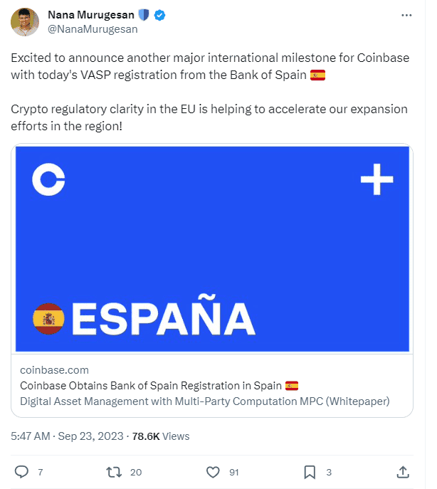 Coinbase จดทะเบียน "ต่อต้านการฟอกเงิน" จากธนาคารกลางสเปน เตรียมเปิดให้บริการแก่นักลงทุนรายย่อยและสถาบัน