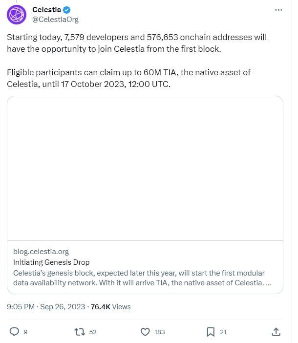 เช็คด่วน!! Celestia แจก Airdrop 60 ล้านโทเค็น แก่นักพัฒนา 7,579 รายและ onchain addresses 576,653 รายการ
