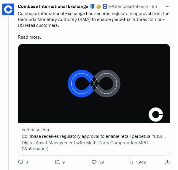 Coinbase International เปิดตัวการซื้อขาย Perpetual Futures สำหรับลูกค้ารายย่อยที่ไม่ใช่ชาวอเมริกัน