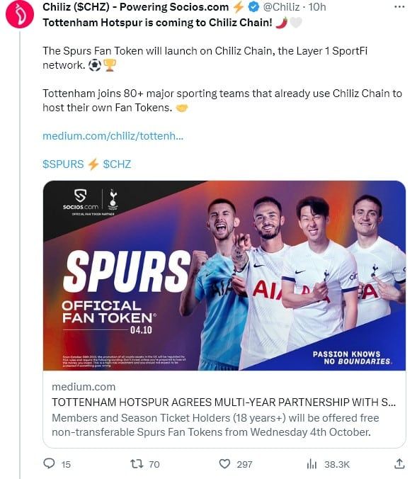 ท็อตแนม ฮอตสเปอร์ เตรียมเปิดตัว Fan token บนบล็อกเชนของ Chiliz