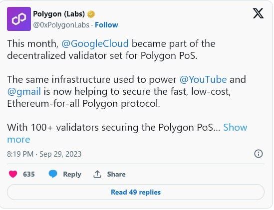Polygon Labs ประกาศว่า Google Cloud เข้าร่วมกับเครือข่าย Polygon ในฐานะ Validator