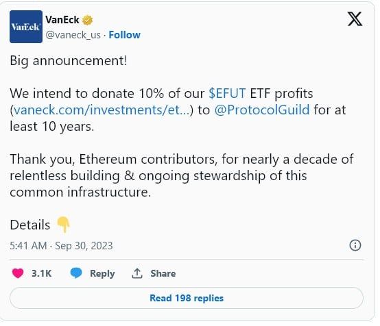 VanEck เผยว่า จะบริจาคกำไร 10% จาก Ether Futures ETF ให้กับนักพัฒนาหลัก