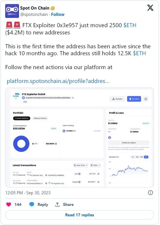 แฮ็กเกอร์ที่โจมตี FTX เริ่มเคลื่อนไหว โดยมีการย้าย ETH จากที่อยู่เดิมไปที่อยู่ใหม่