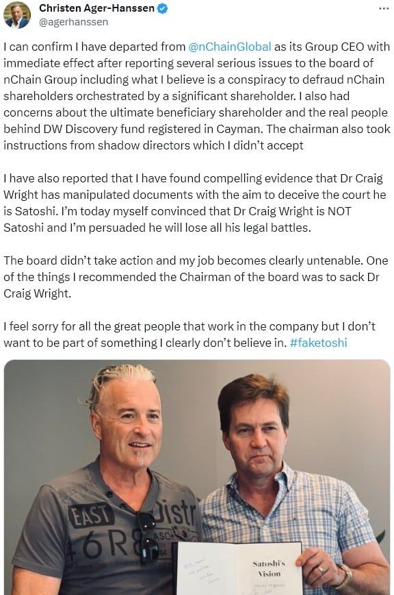 CEO ของ nChain ประกาศลาออก พร้อมยืนยันว่า Craig Wright ไม่ใช่ ซาโตชิ