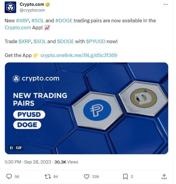 Crypto .com เปิดให้เทรด XRP, DOGE และ SOL กับ PYUSD Stablecoin ของ PayPal